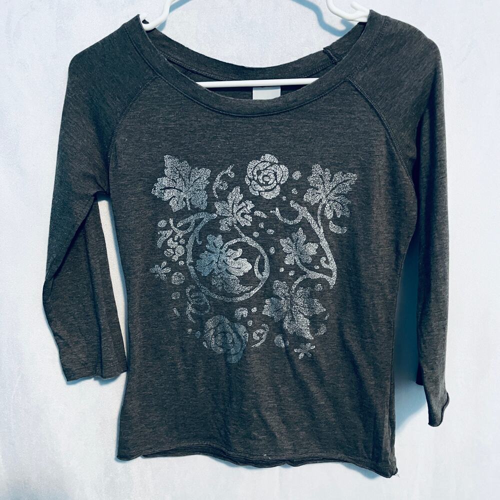 Old Navy Gray 3/4 Sleeve Floral Print Shirt XS
